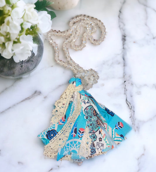 Blue and Pink Crystal Beaded Sugar Skull Fabric Necklace - Heather's Heavenly Boutique