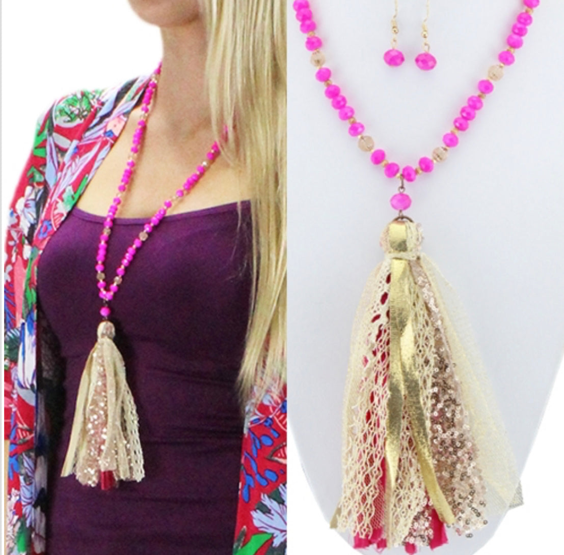 Fuchsia Fabric Tassel Necklace - Heather's Heavenly Boutique