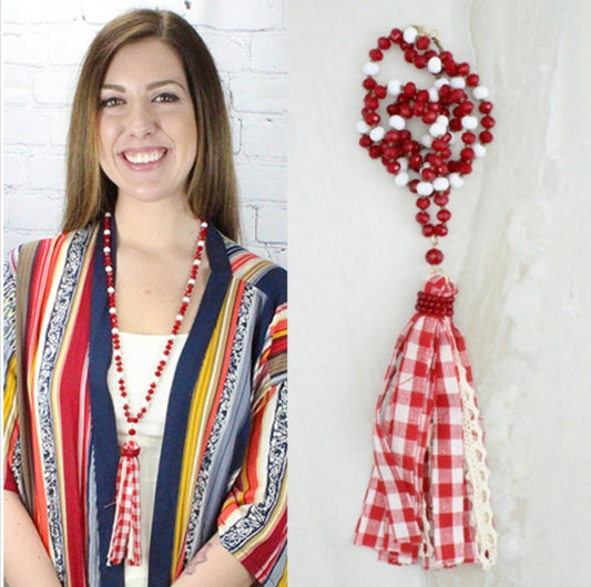 Red Plaid Fabric Tassel Necklace