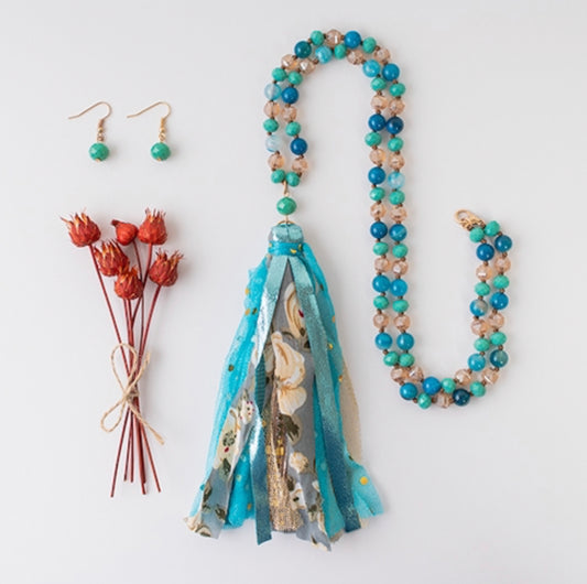 Turquoise Fabric Tassel Necklace - Heather's Heavenly Boutique