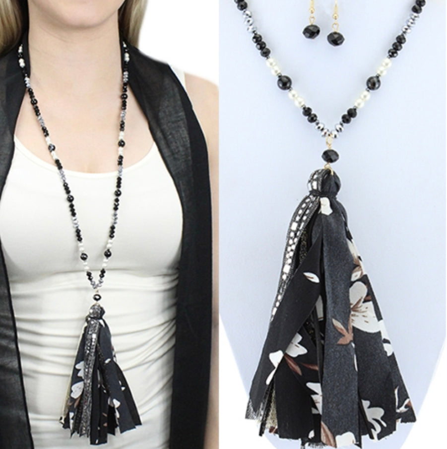 Black Fabric Tassel Necklace