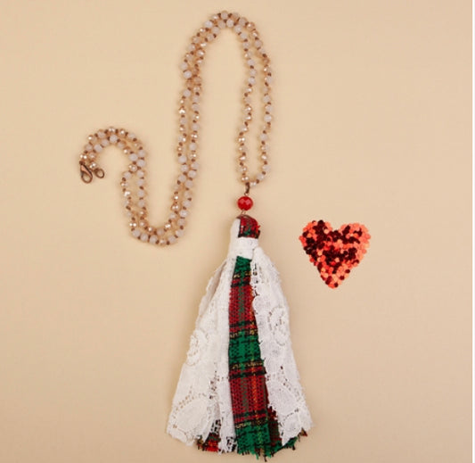 Christmas Red and Green Plaid Fabric Tassel Necklace