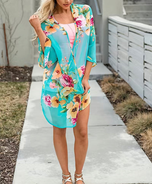 Turquoise Floral Sheer Kimono - Heather's Heavenly Boutique