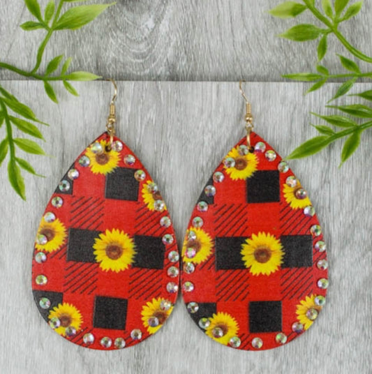 Sunflower Rhinestone Teardrop Red Plaid Earrings - Heather's Heavenly Boutique