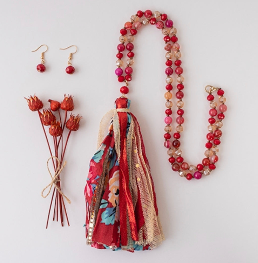 Red Floral Fabric Tassel Necklace - Heather's Heavenly Boutique