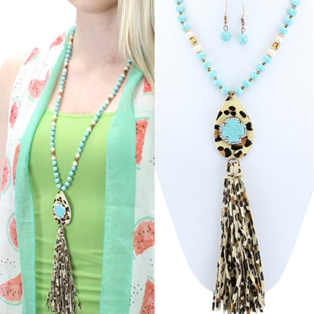 Suede Turquoise Crackle Cross Pendant Fabric Tassel Necklace - Heather's Heavenly Boutique