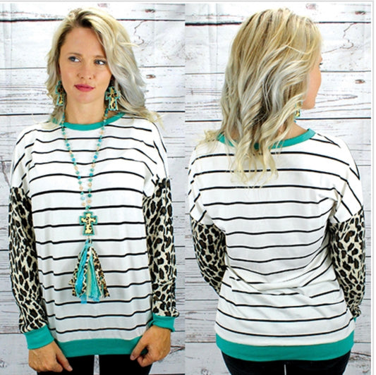 Leopard Long Sleeve Striped Turquoise Top - Heather's Heavenly Boutique