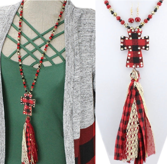 Red Buffalo Plaid Cross Fabric Necklace - Heather's Heavenly Boutique