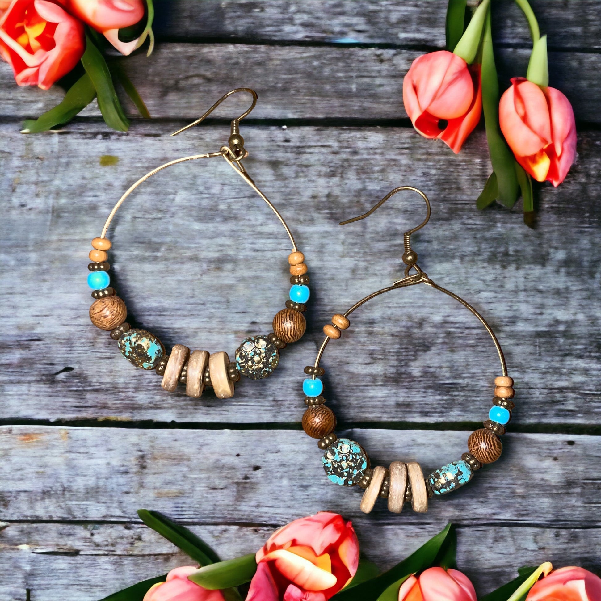 Western Turquoise Wired Beaded Hoop Earrings - Heather's Heavenly Boutique