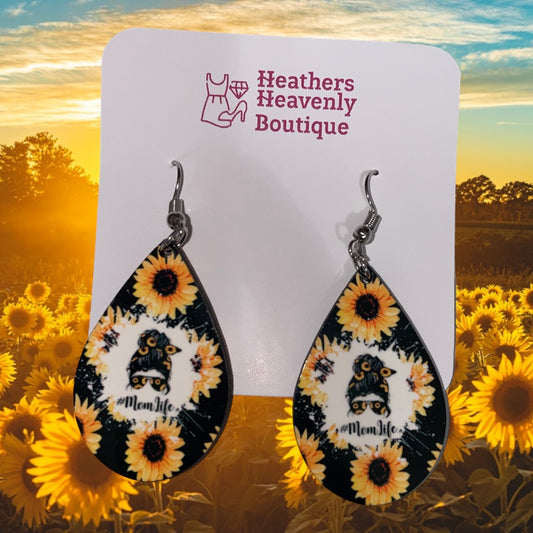 Handmade Sublimation Mom Life Sunflower Teardrop Earrings - Heather's Heavenly Boutique