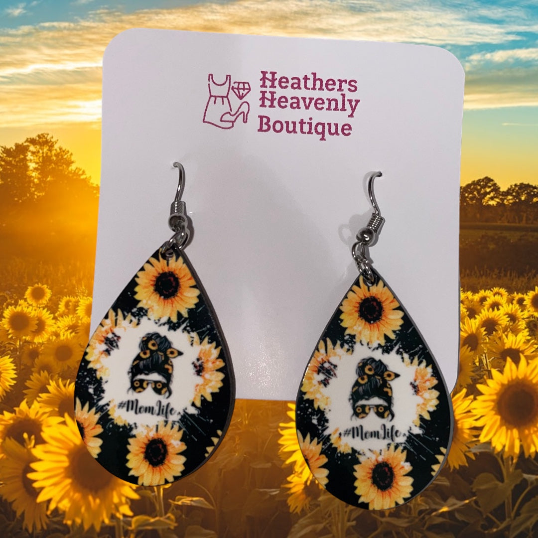 Handmade Sublimation Mom Life Sunflower Teardrop Earrings - Heather's Heavenly Boutique