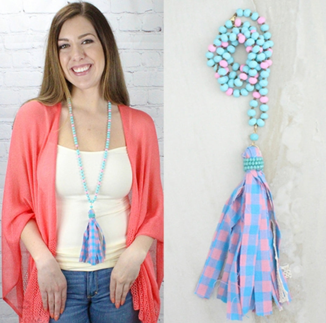 Pink and Blue Fabric Tassel Necklace - Heather's Heavenly Boutique