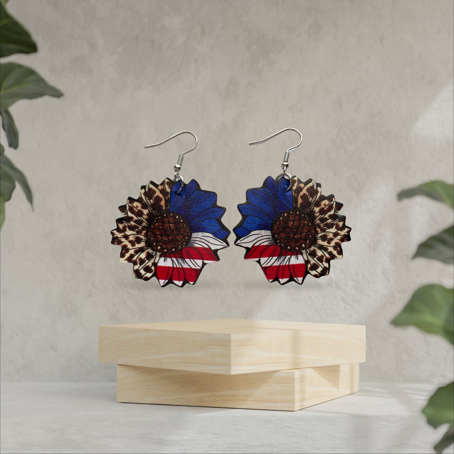 American Patriotic Sunflower Shaped Leopard Earrings - Heather's Heavenly Boutique