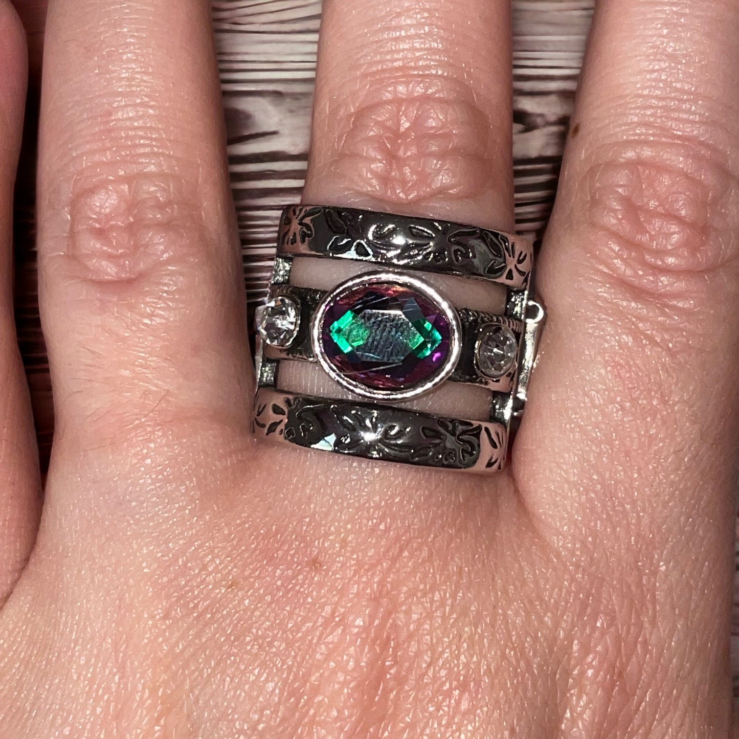 Multi iridescent thick silver ring