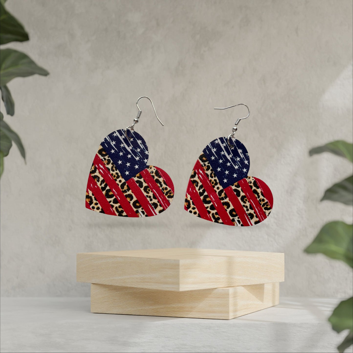 American Patriotic Heart Shaped Leopard and American Flag Earrings - Heather's Heavenly Boutique