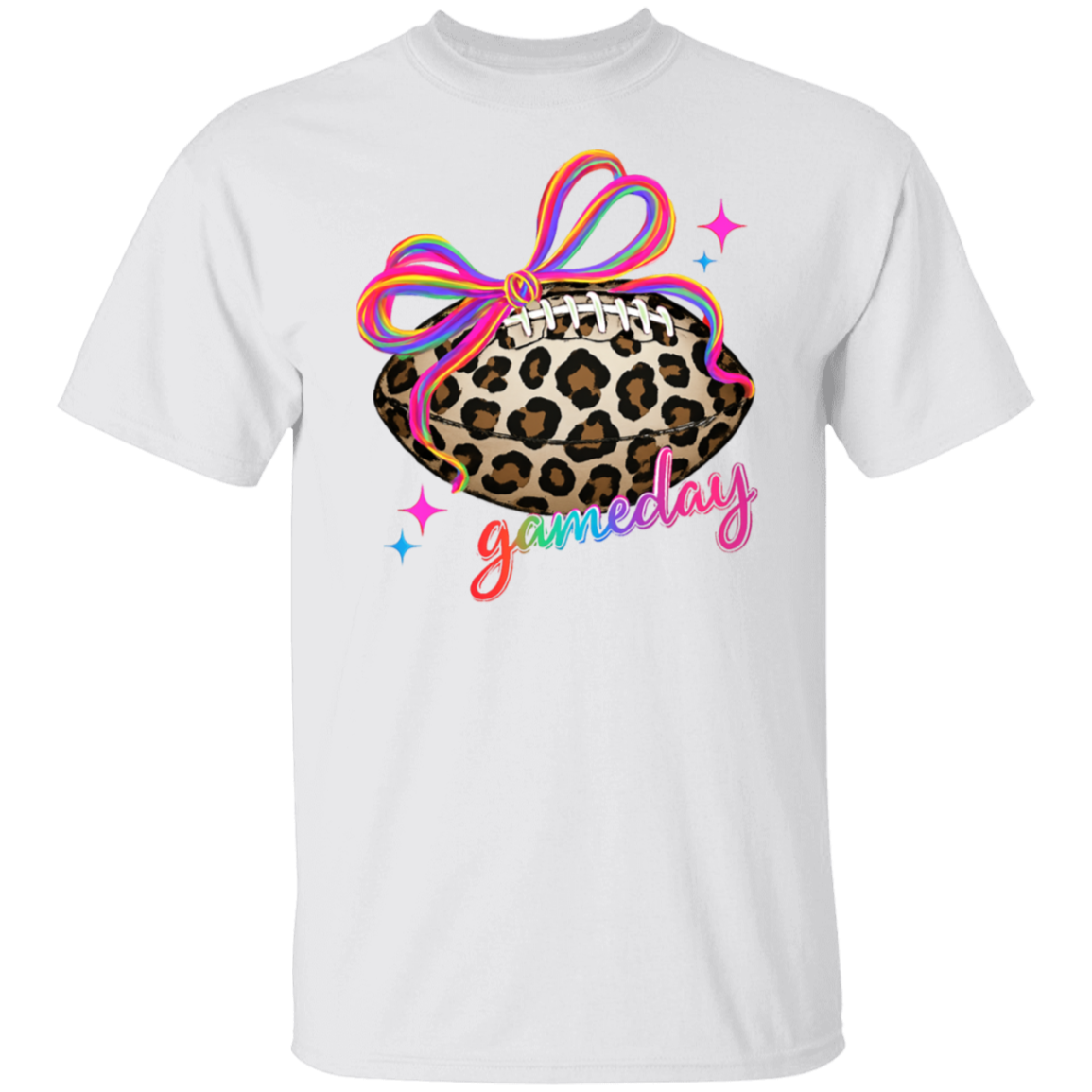 Trendy leopard football shirt with colorful bow – women’s game day outfit"