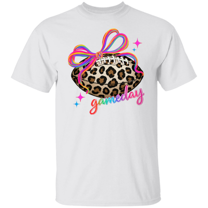 Trendy leopard football shirt with colorful bow – women’s game day outfit"
