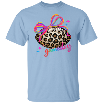 Women’s football season tee with leopard print football and rainbow bow"
