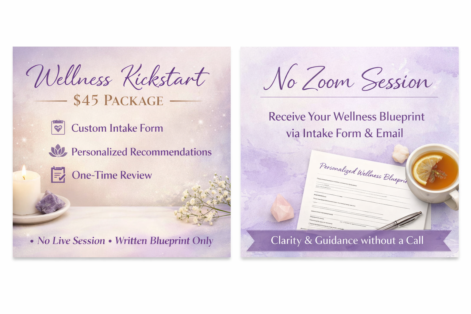 Two promotional cards for a wellness program with text and images of a candle and tea.