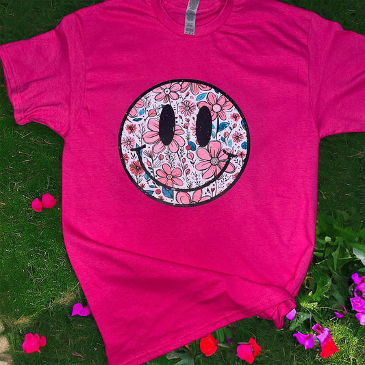 Floral Smiley Face One Of A Kind Handmade Printed T-Shirt - Heather's Heavenly Boutique