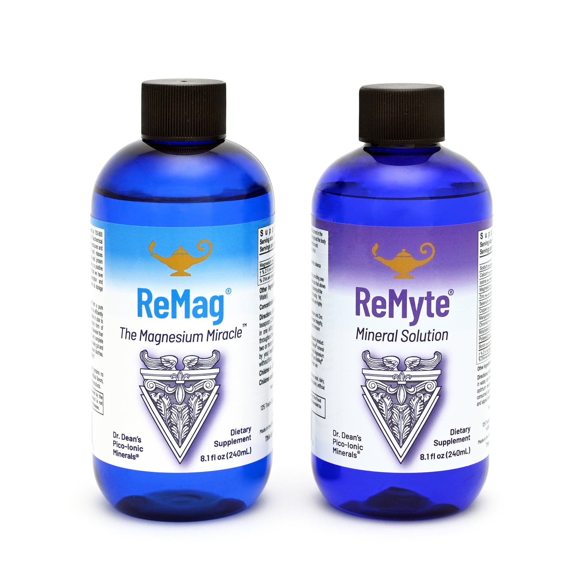 Two blue bottles of ReMag and ReMyte dietary supplements on a white background