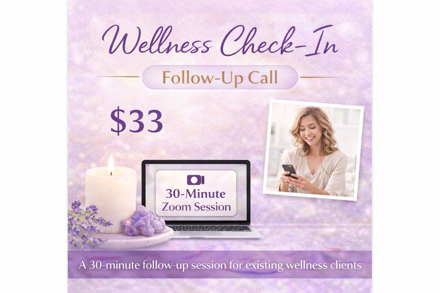 Advertisement for wellness check-in follow-up call with laptop, candle, and woman on purple background