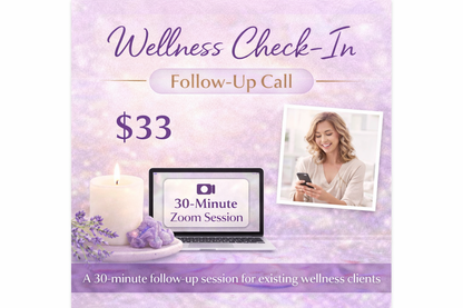 Advertisement for wellness check-in follow-up call with laptop, candle, and woman on purple background