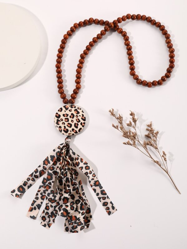 Wooden Beaded Leopard Fabric Tassel Necklace