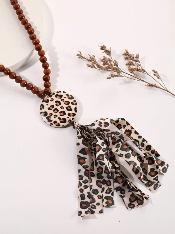 Wooden Beaded Leopard Fabric Tassel Necklace