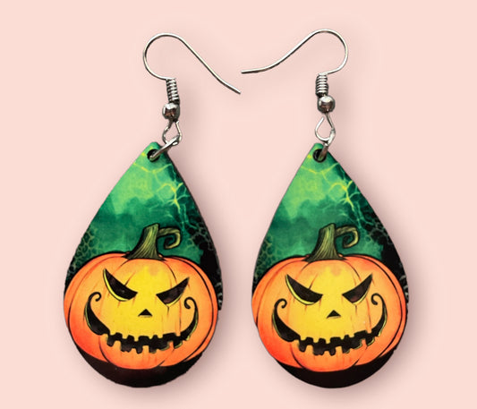 Halloween Pumpkin, Witch, Spider Web Handmade Sublimation Teardrop Earrings - Heather's Heavenly Boutique