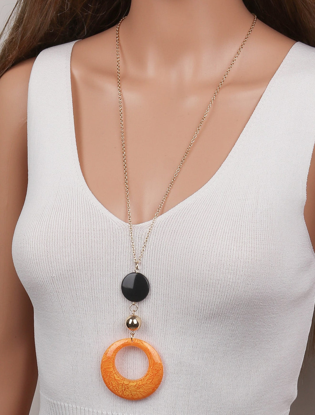Round Orange Acrylic Crackle Long Charm Necklace - Heather's Heavenly Boutique