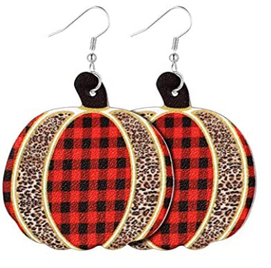 Fall Seasonal Pumpkin Plaid Leopard Faux Leather Earrings - Heather's Heavenly Boutique