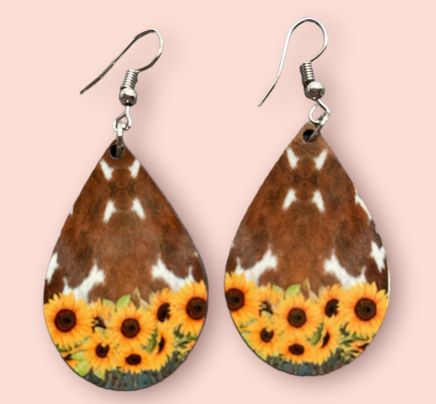 Multi Cow Print Sunflower Teardrop Sublimation Earrings - Heather's Heavenly Boutique