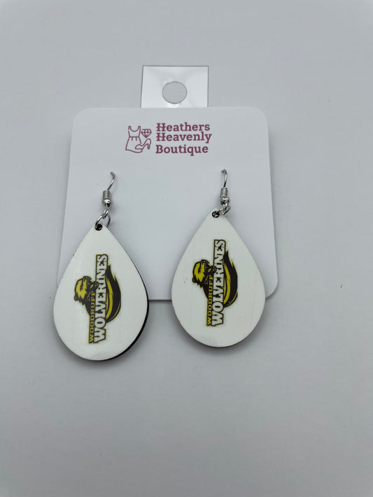 High School Football Woodruff Wolverine Teardrop Handmade Sublimation Earrings - Heather's Heavenly Boutique