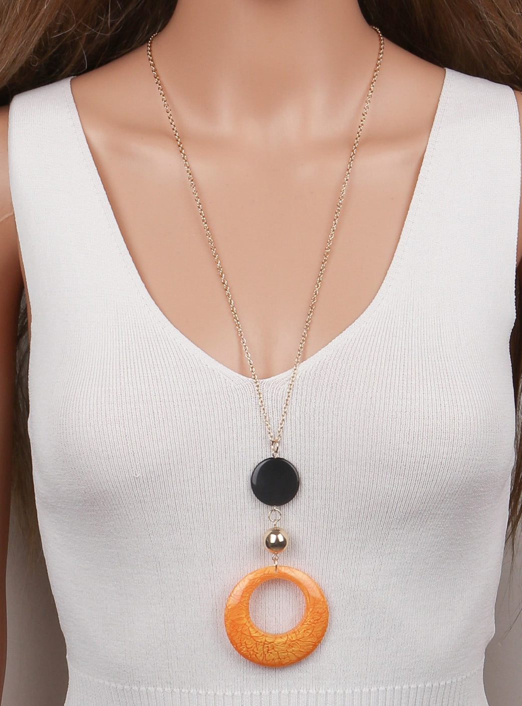 Round Orange Acrylic Crackle Long Charm Necklace - Heather's Heavenly Boutique