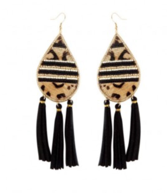 Women’s Black Leopard Tear Drop Tassel Earrings - Heather's Heavenly Boutique