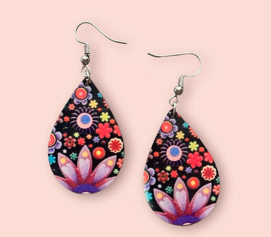 Purple Floral Teardrop Handmade Sublimation Earrings - Heather's Heavenly Boutique