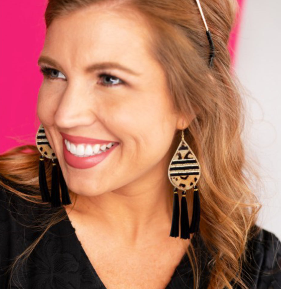 Women’s Black Leopard Tear Drop Tassel Earrings - Heather's Heavenly Boutique
