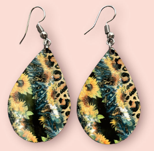 Multi Leopard Print Sunflower Teardrop Sublimation Earrings - Heather's Heavenly Boutique