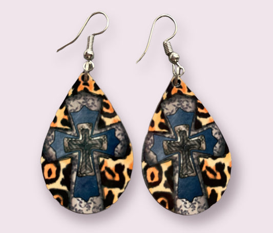 Multi Red, Blue and Gray Cross Handmade Sublimation Earrings - Heather's Heavenly Boutique