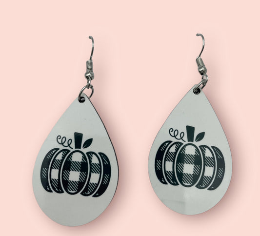 Fall Black and White Plaid Pumpkin Handmade Sublimation Earrings - Heather's Heavenly Boutique