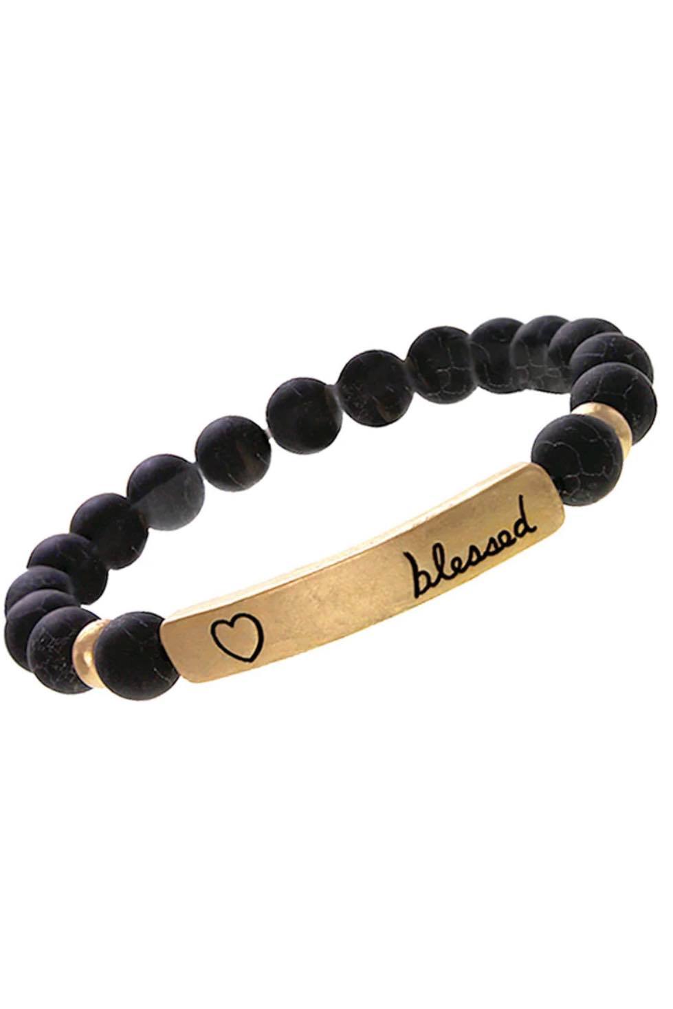 New Release Goldtone Blessed Bar Black Semi-Precious Stone Bracelet - Heather's Heavenly Boutique