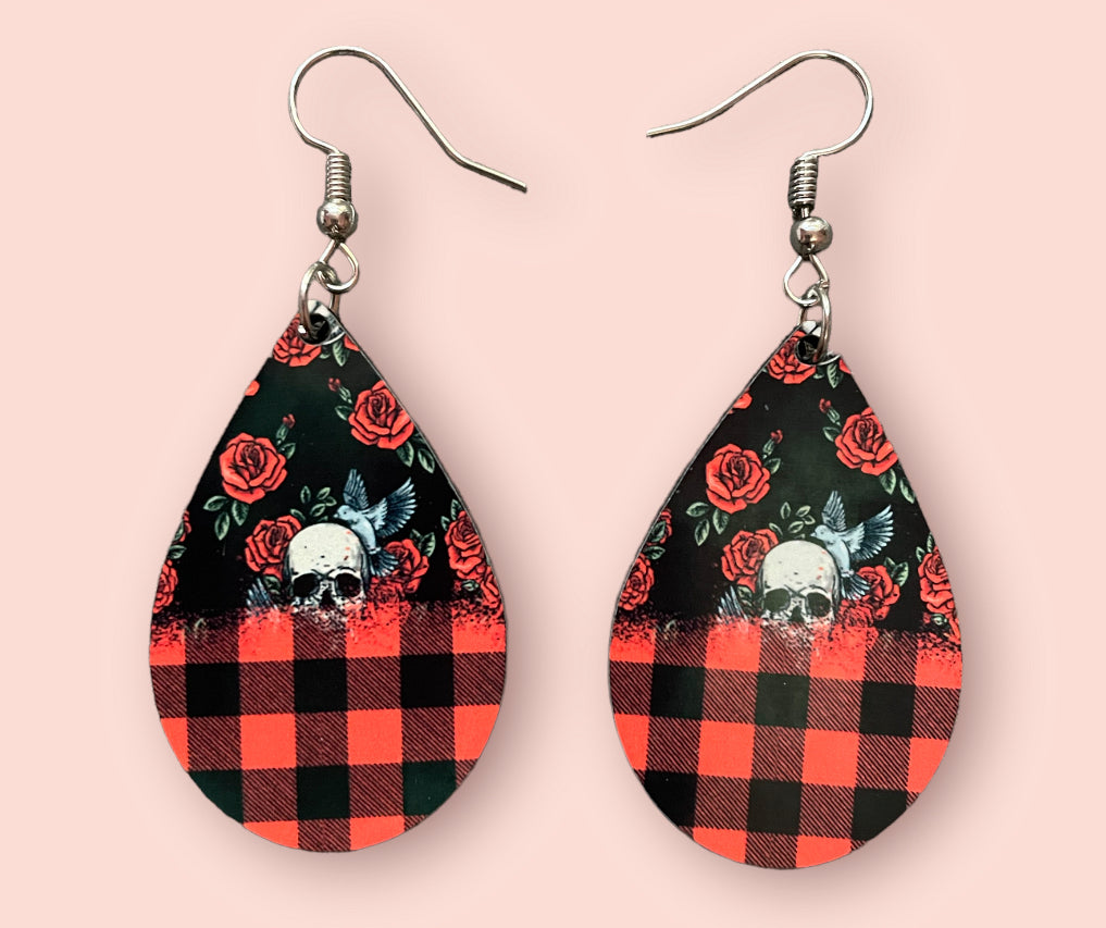 Skull and Roses Handmade Sublimation Teardrop Earrings - Heather's Heavenly Boutique