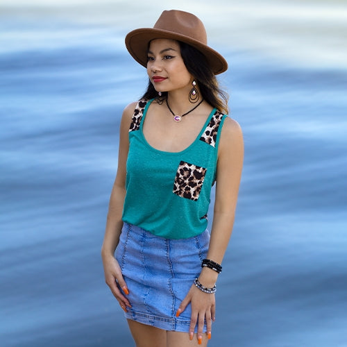 Green Leopard Tank Top with Pocket
