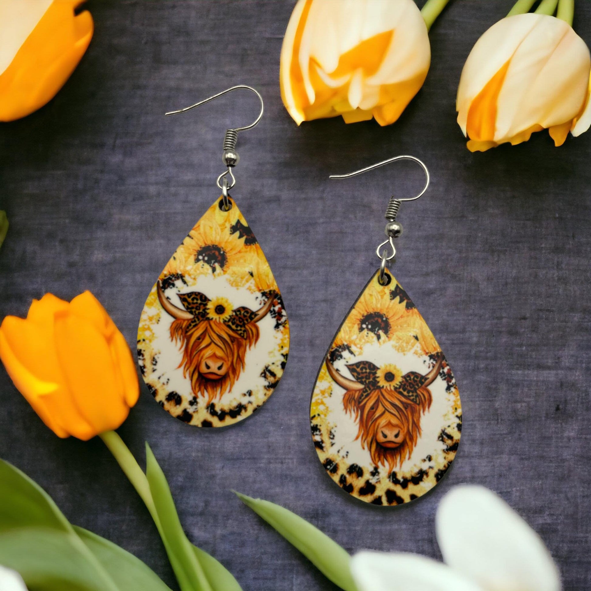 Handmade Sublimation Highland Cow Sunflower Earrings - Heather's Heavenly Boutique