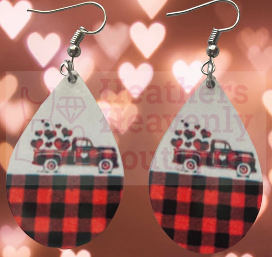 New Release Handmade Sublimation Heart Plaid Truck Valentine Earrings - Heather's Heavenly Boutique