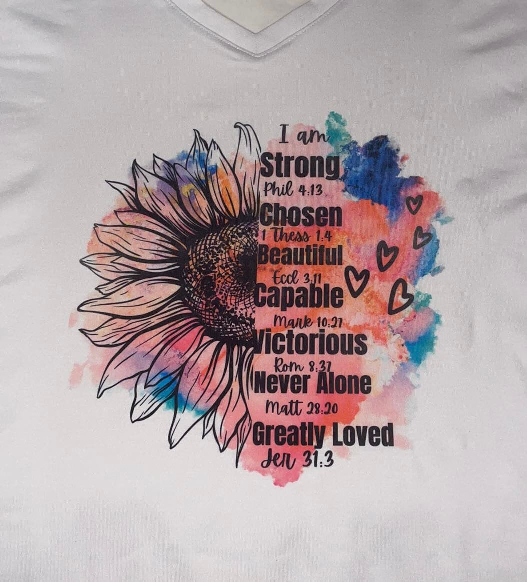 New Release I am Loved Handmade Sublimated V-Neck White T-shirt - Heather's Heavenly Boutique