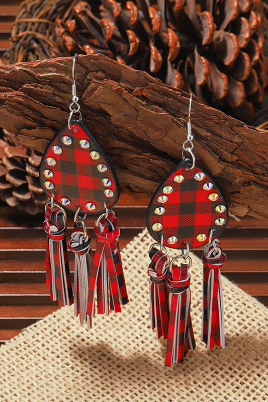 Red Buffalo Plaid Chandelier Tassel Earrings - Heather's Heavenly Boutique