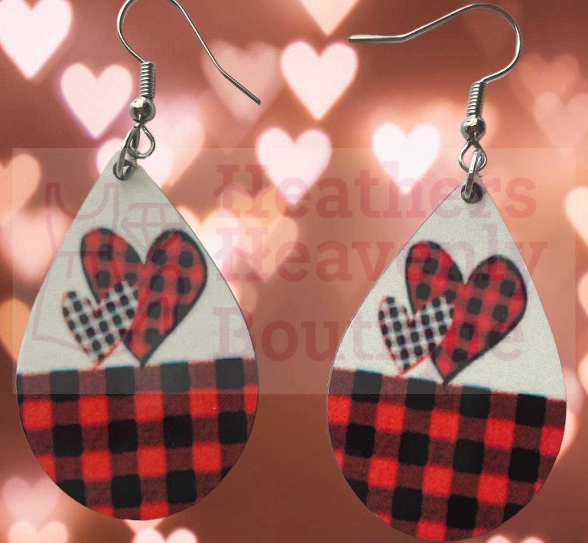 New Release Handmade Sublimation Plaid Heart Valentine Earrings - Heather's Heavenly Boutique