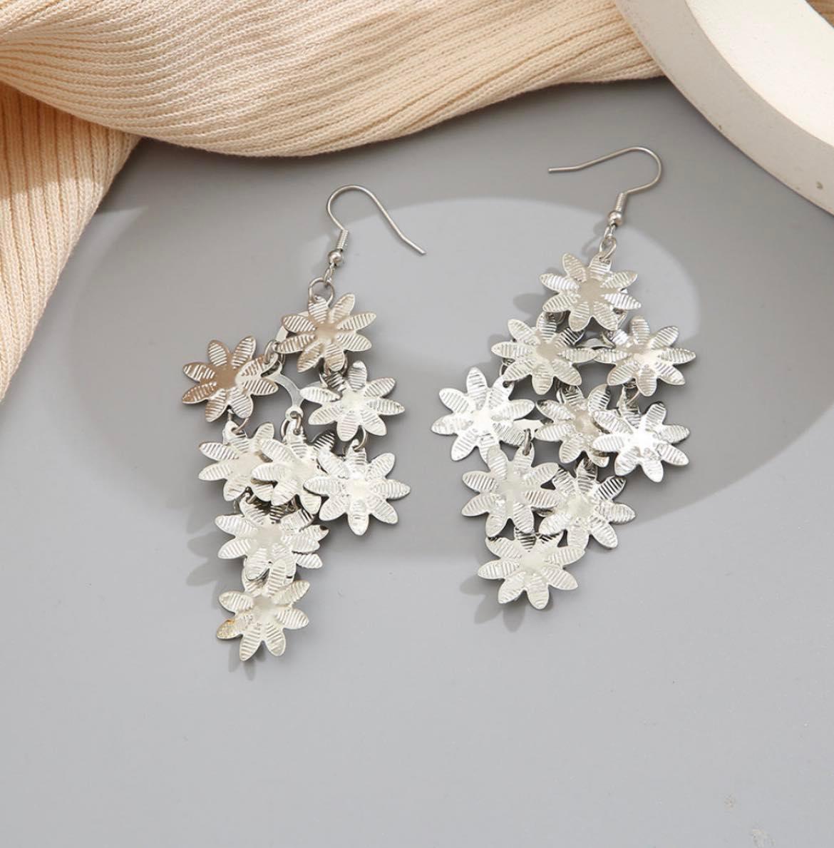 Layered Silver Floral Dangle Earrings - Heather's Heavenly Boutique